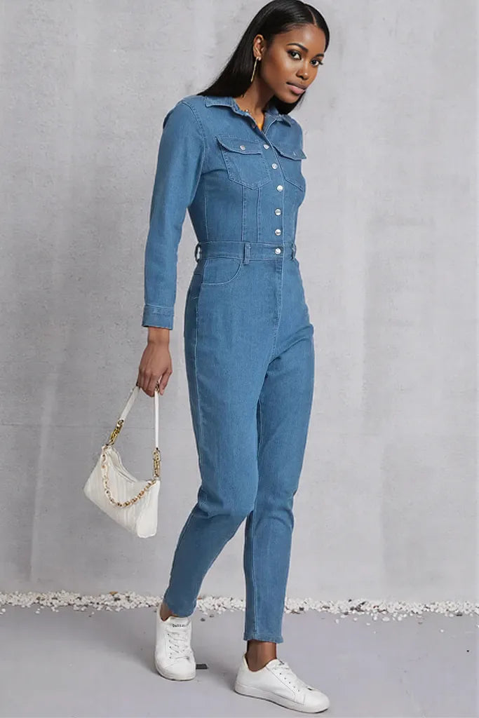 Snap Down Denim Jumpsuit with Pockets