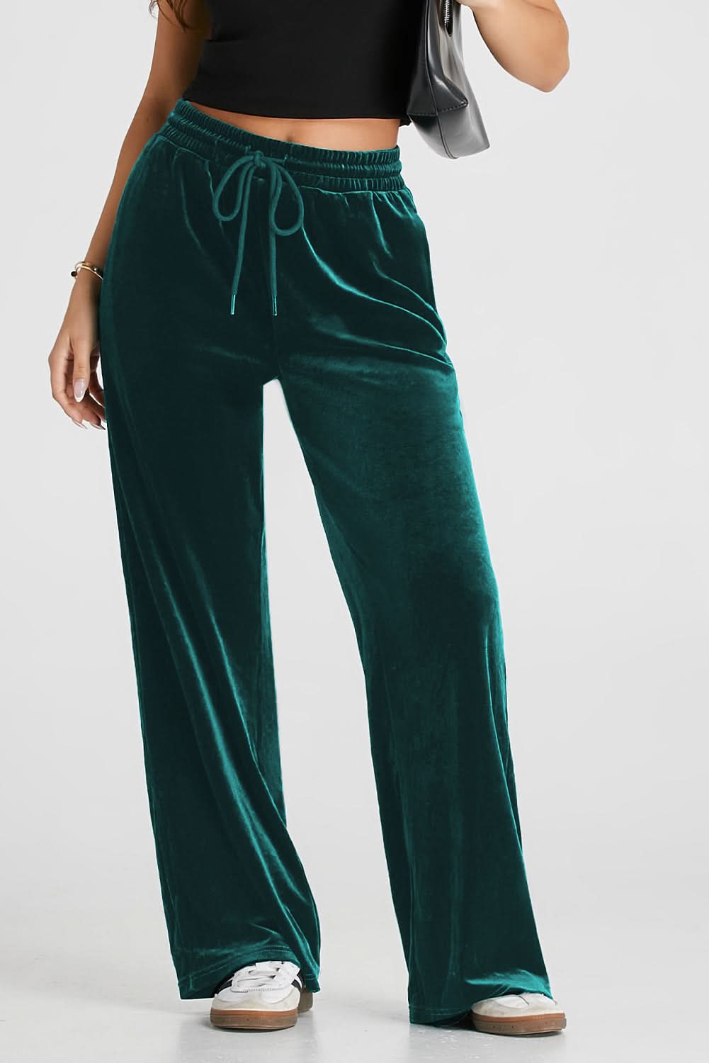 Black Solid Drawstring Waist Wide Leg Pants Evergreen 95%Polyester+5%Elastane