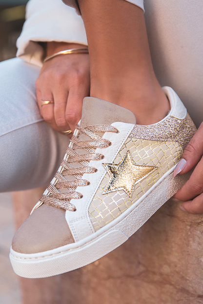 Gold Glitter Star Patchwork PU Leather Lace-up Sneakers Gold 70%PVC+30%PU