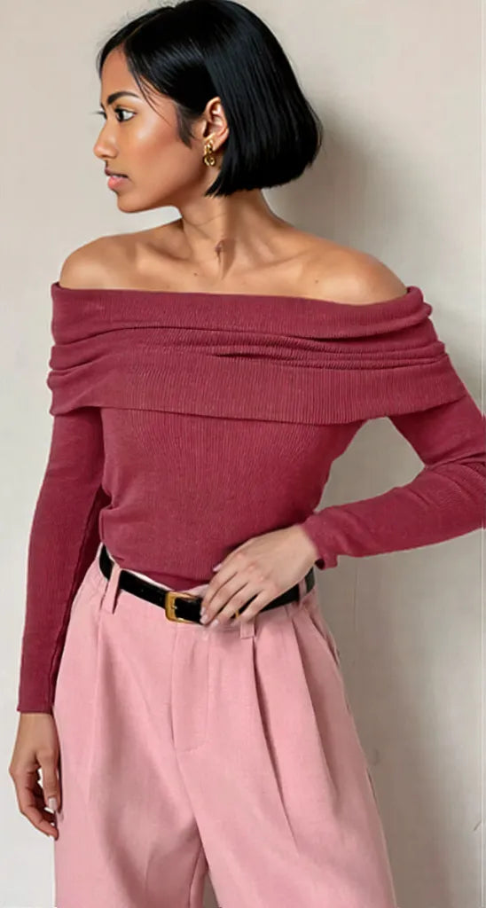 Off-Shoulder Long Sleeve Knit Top Deep Rose