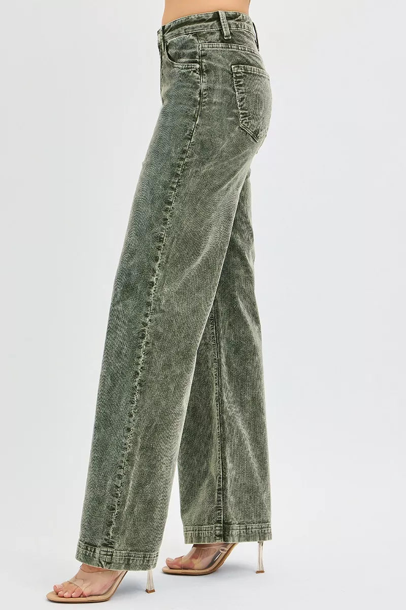 RISEN Full Size High Rise Wide Leg Corduroy Jeans FOREST