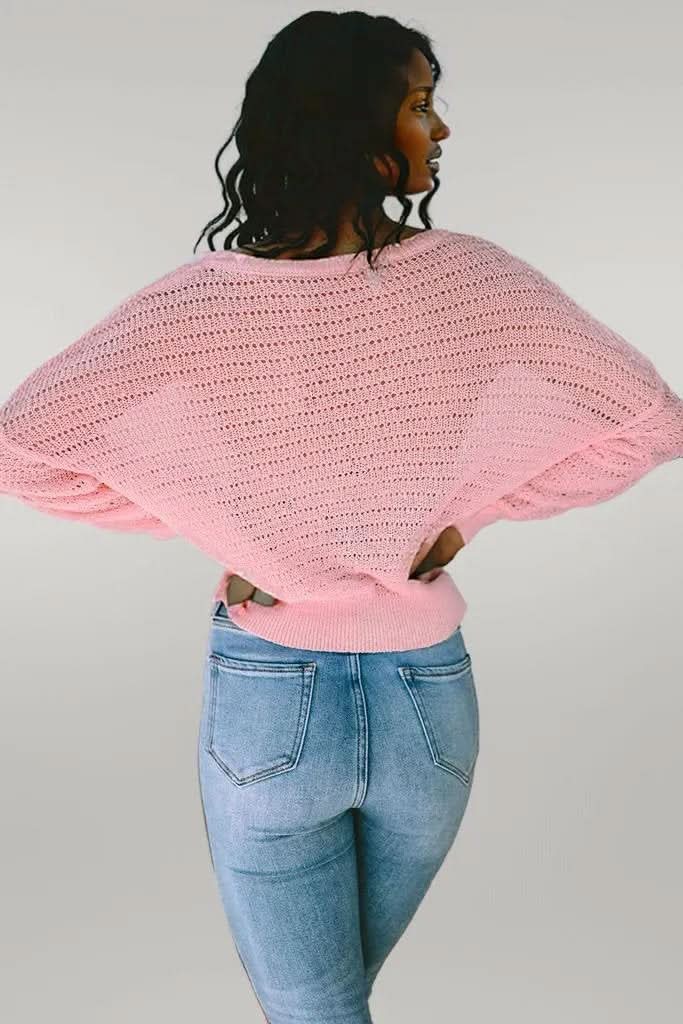 Pink Knitted Eyelets Round Neck Long Sleeve Top Pink 100%Polyester