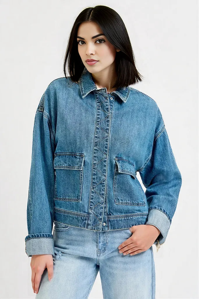 RISEN Oversized Cargo Pocket Denim Jacket with Cuffed Sleeves MEDIUM