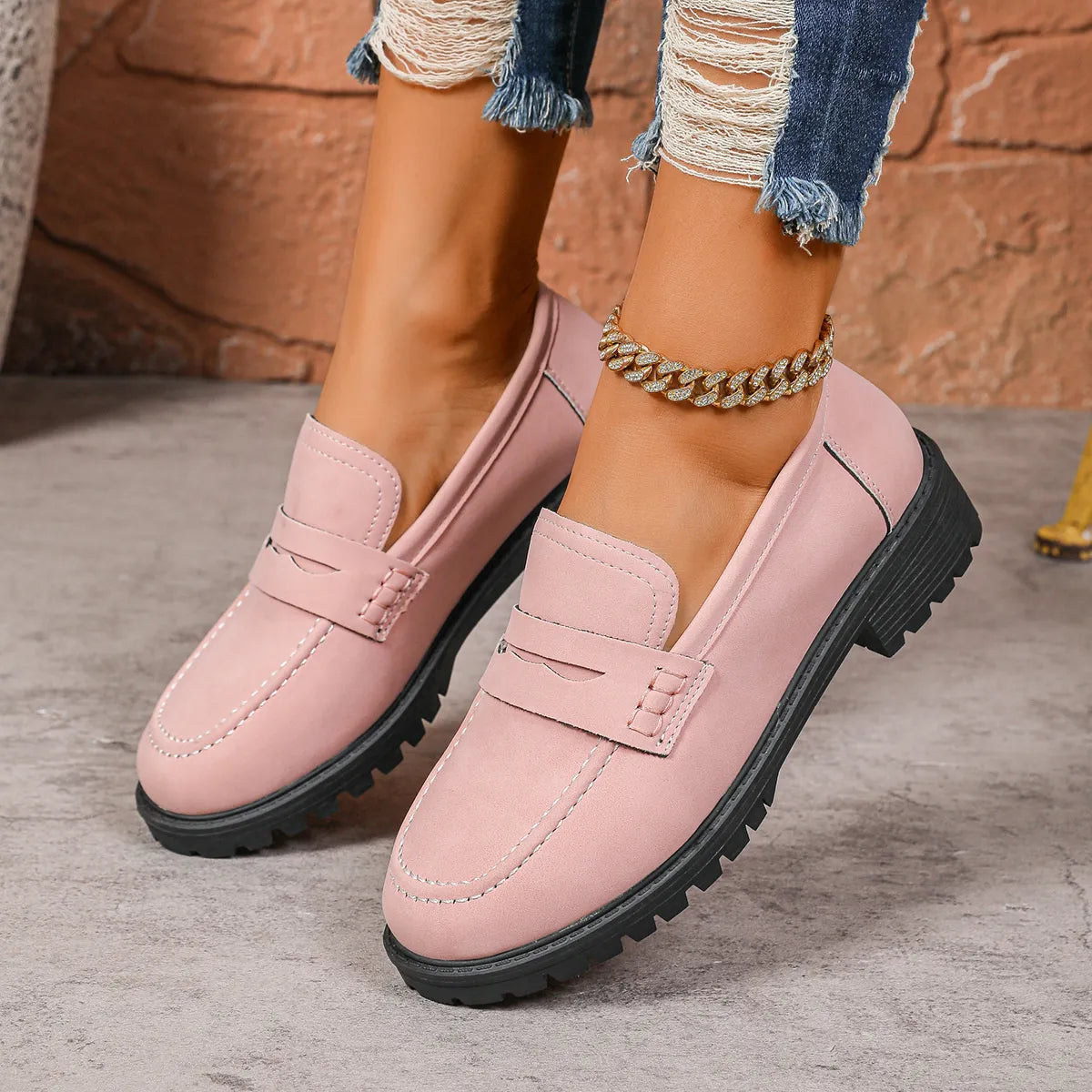 Round Toe Block Heels Loafers Pink