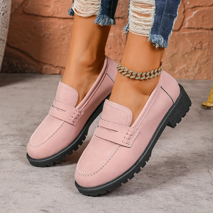 Round Toe Block Heels Loafers Pink