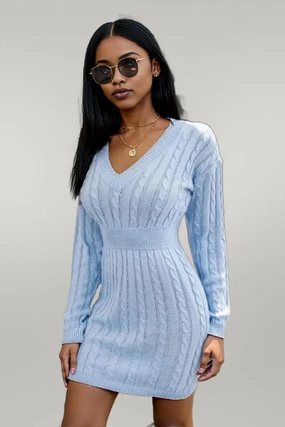 Cable-Knit V-Neck Long Sleeve Mini Sweater Dress