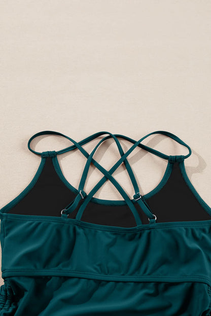 Mineral Red Drawstring Tummy Control Mix-and-match 2pcs Tankini Swimsuit Sea Green 82%Polyamide+18%Elastane