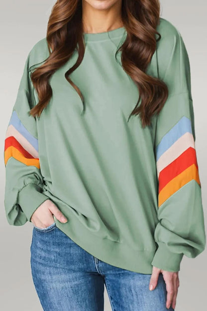 Flamingo Rainbow Striped Sleeve Crew Neck Loose Sweatshirt Moonlight Jade 65%Polyester+35%Cotton