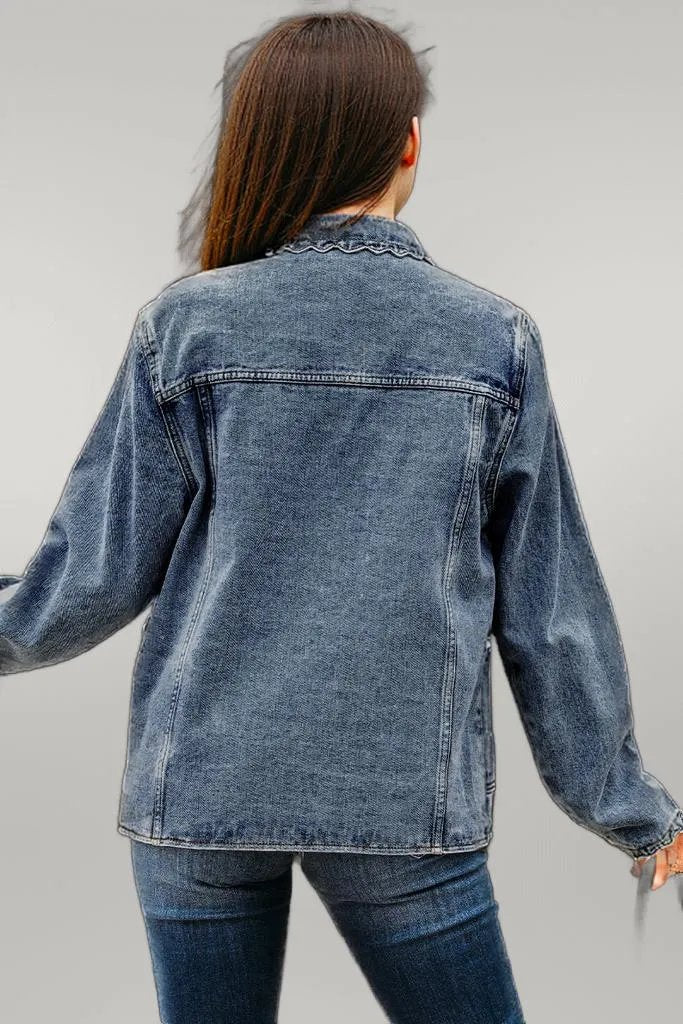 Sail Blue Scallop Trim Collar Patched Pocket Button Up Denim Jacket Sail Blue 75%Cotton+25%Polyester