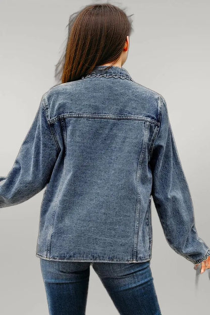 Sail Blue Scallop Trim Collar Patched Pocket Button Up Denim Jacket Sail Blue 75%Cotton+25%Polyester
