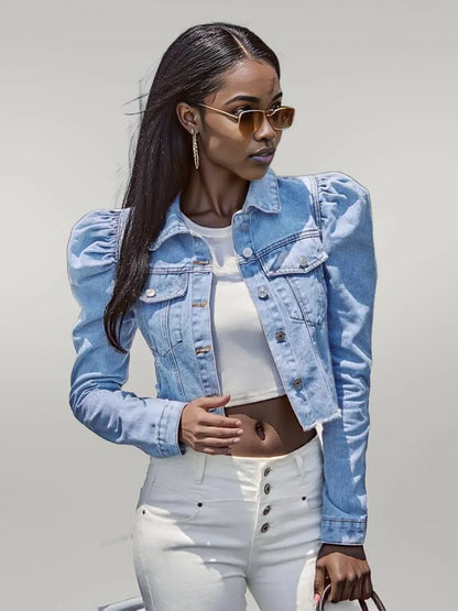 Button Down Raw Hem Cropped Denim Jacket Light