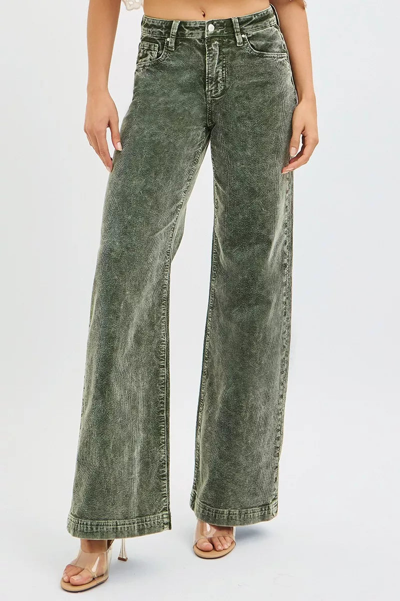 RISEN Full Size High Rise Wide Leg Corduroy Jeans FOREST
