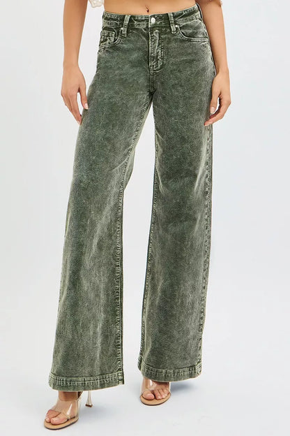 RISEN Full Size High Rise Wide Leg Corduroy Jeans FOREST