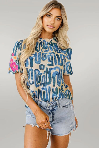 Beige Embroidered Puff Sleeve Frilled Neck Printed Top Beige 100%Polyester
