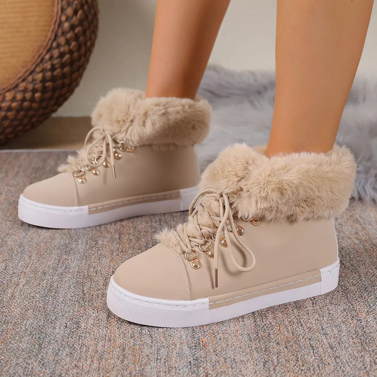 Round Toe Platform Boots Apricot