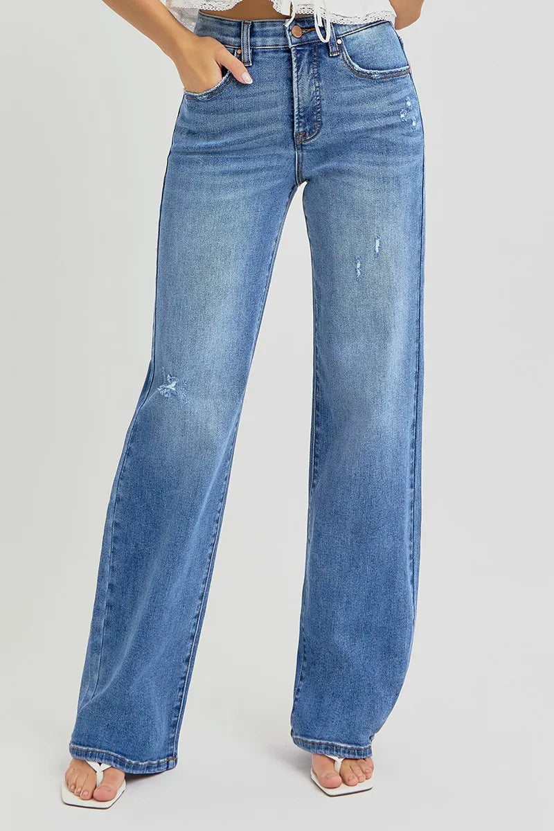 RISEN Full Size Tummy Control Elastic Band High Rise Wide Jeans MEDIUM