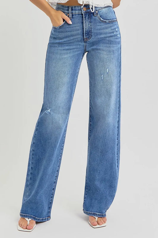 RISEN Full Size Tummy Control Elastic Band High Rise Wide Jeans MEDIUM
