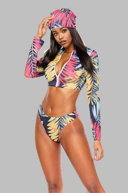 Printed Zip Up Three-Piece Swim Set