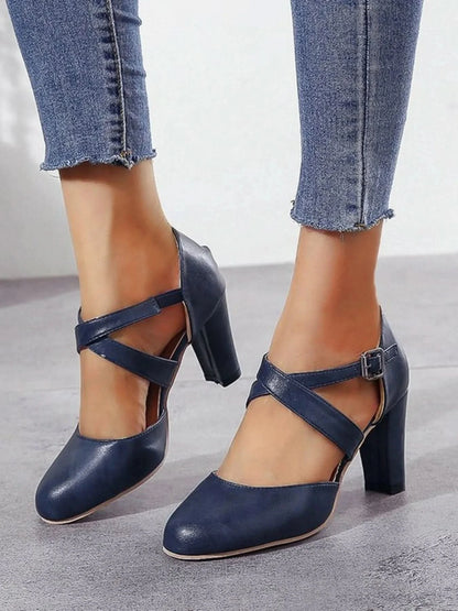 Cross-Strap Block Heel Pumps Blue