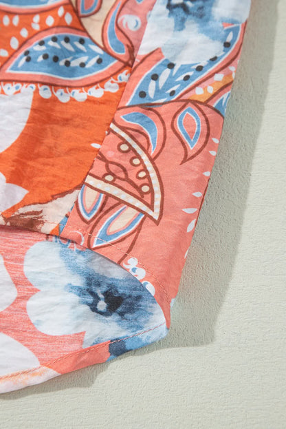 Orange Floral Print Shirred Cuff Buttoned Loose Shirt Orange 81%Viscose+19%Polyamide