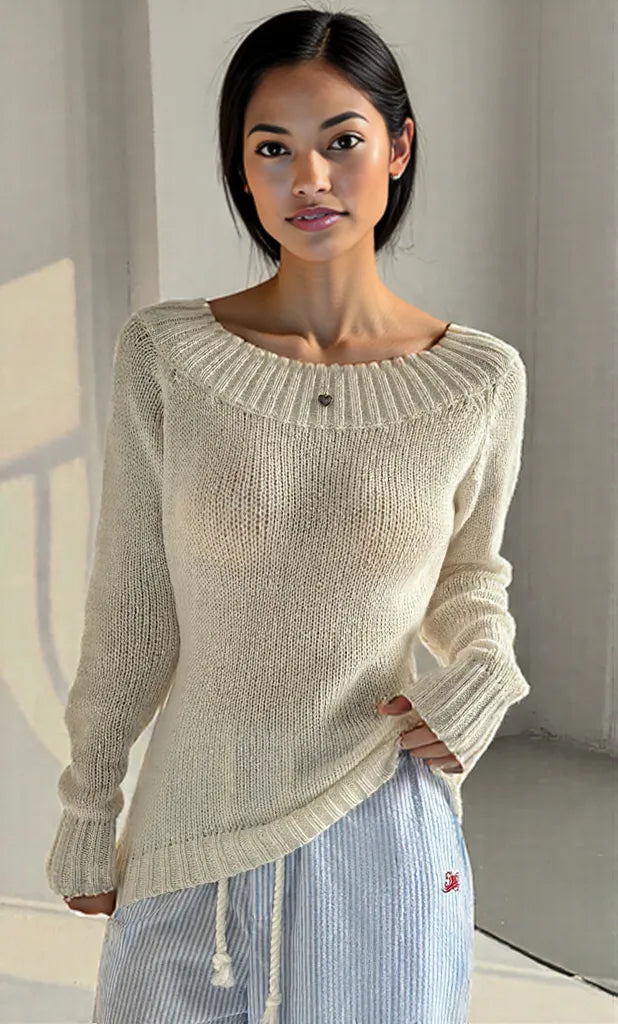 Ribbed Knit Boat Neck Sweater White