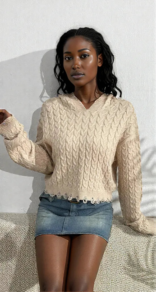 Cable-Knit Dropped Shoulder Hooded Sweater