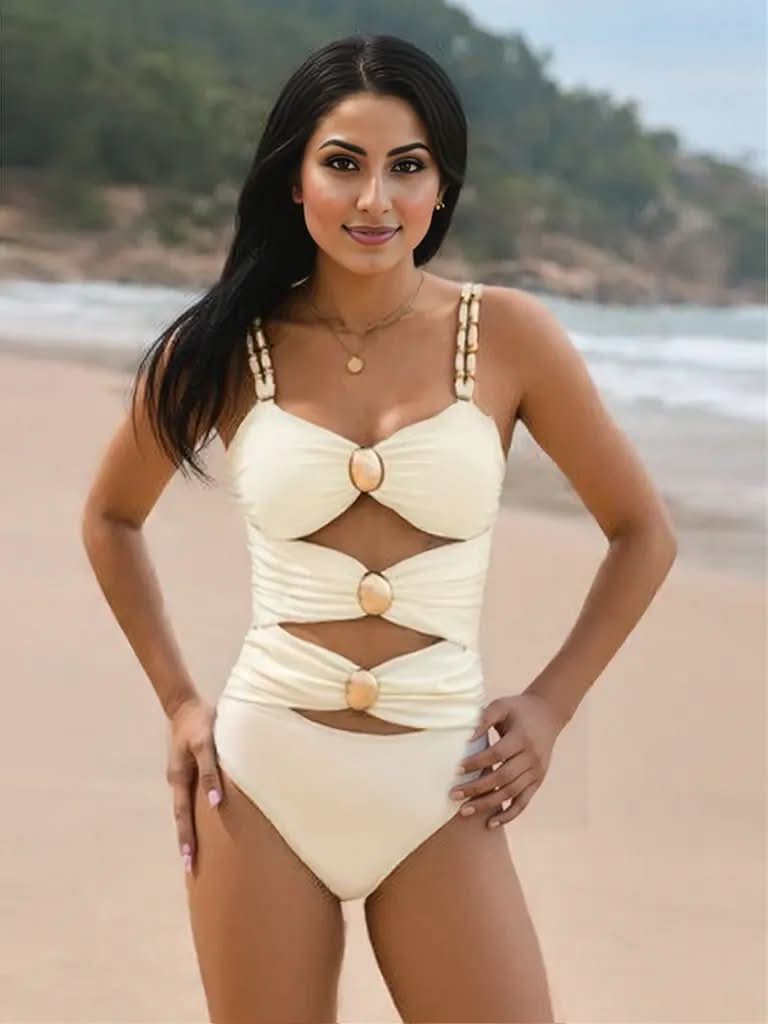 Cutout Ruched Sweetheart Neck One-Piece Swimwear Cream