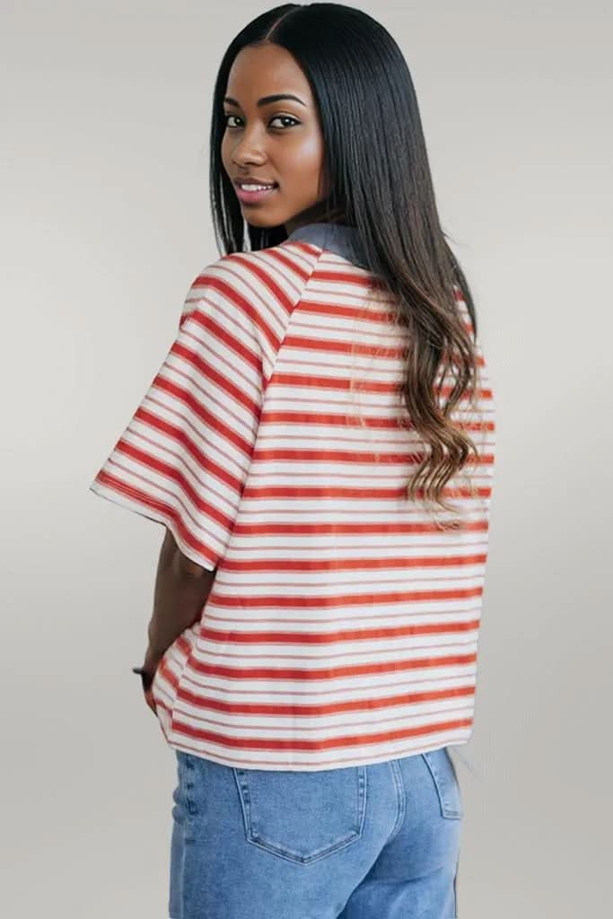 Tomato Red Stripe Print Contrast Collar Raglan Sleeve T Shirt