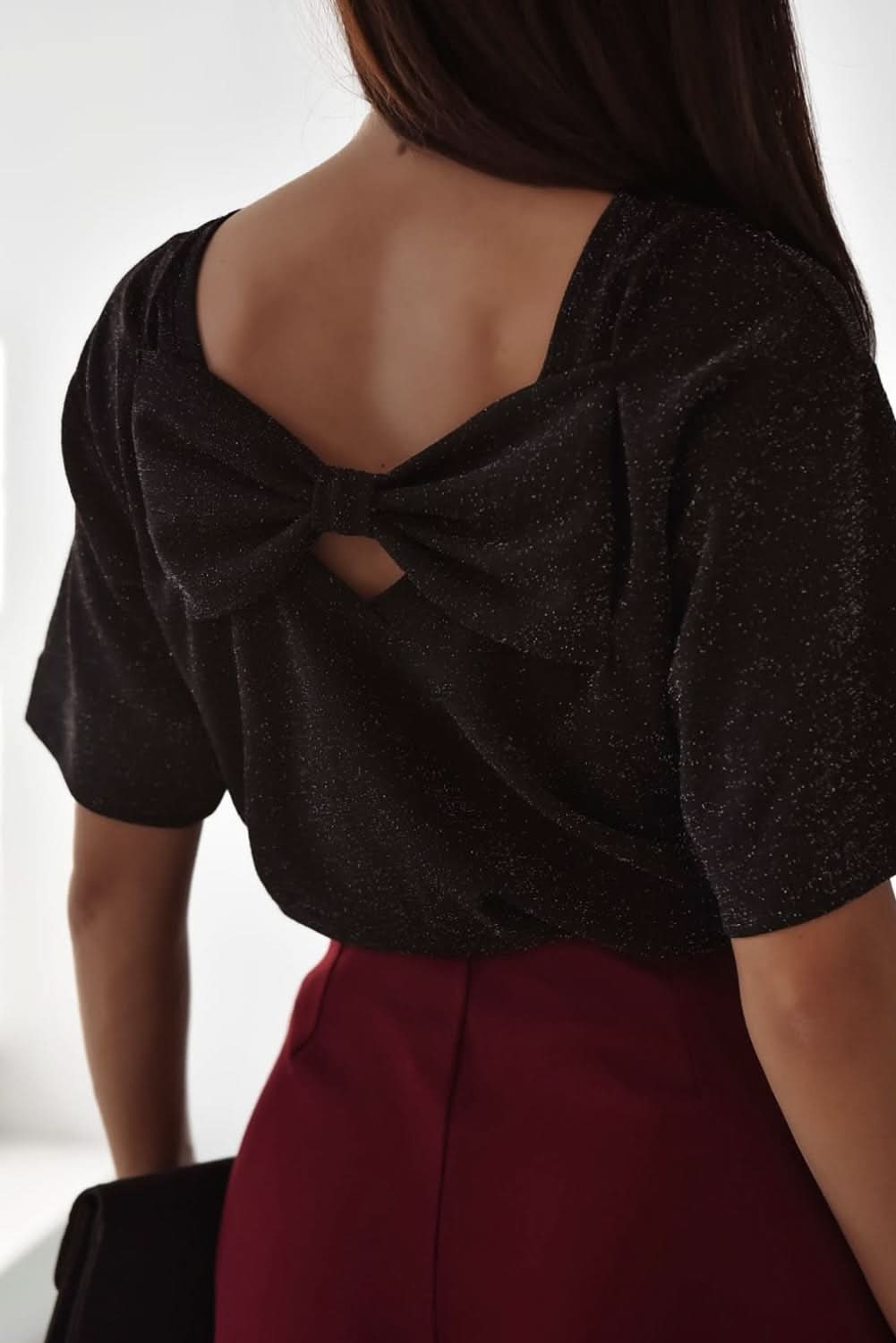Black Bow Decor Glittery Short Sleeve Top Black 71.5%Polyamide+23.9%Metallized fibres+4.6%Elastane