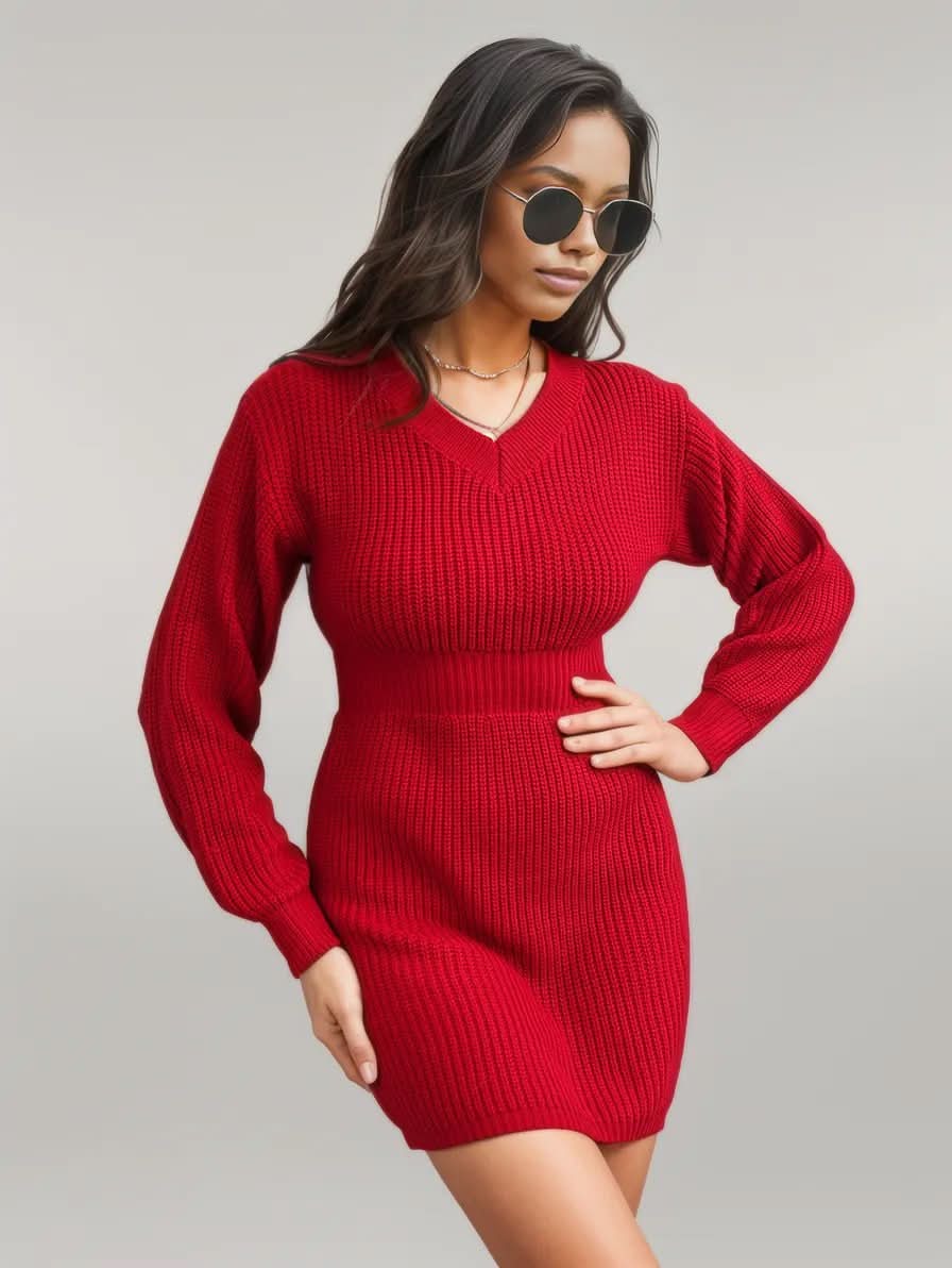 Rib-Knit V-Neck Sweater Dress Deep Red