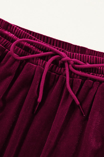 Black Solid Drawstring Waist Wide Leg Pants Burgundy 95%Polyester+5%Elastane