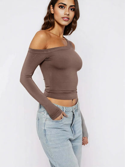 One Shoulder Long Sleeve Crop T-Shirt