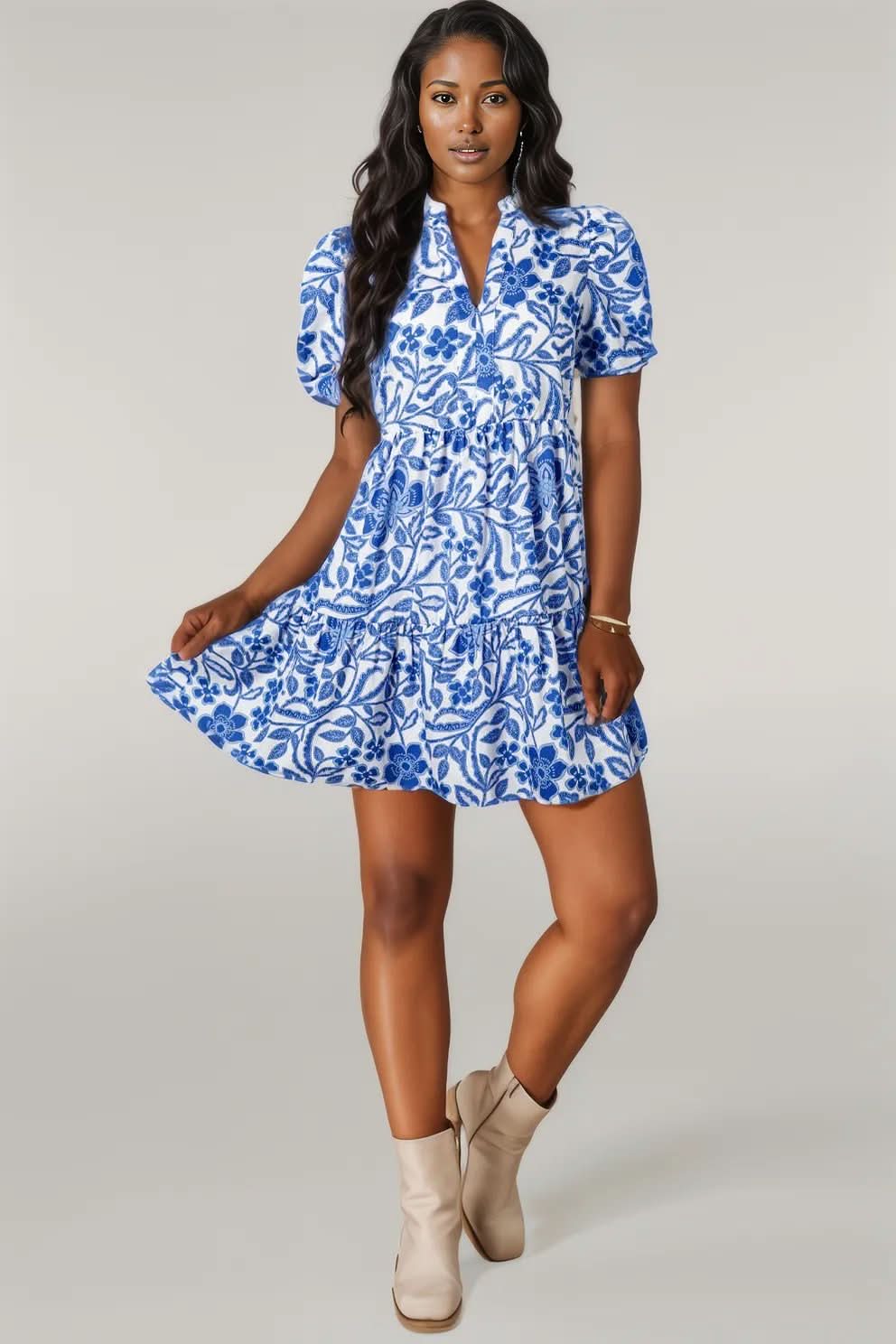 Blue Flower Print Puff Sleeve Tiered Dress Blue 100%Cotton