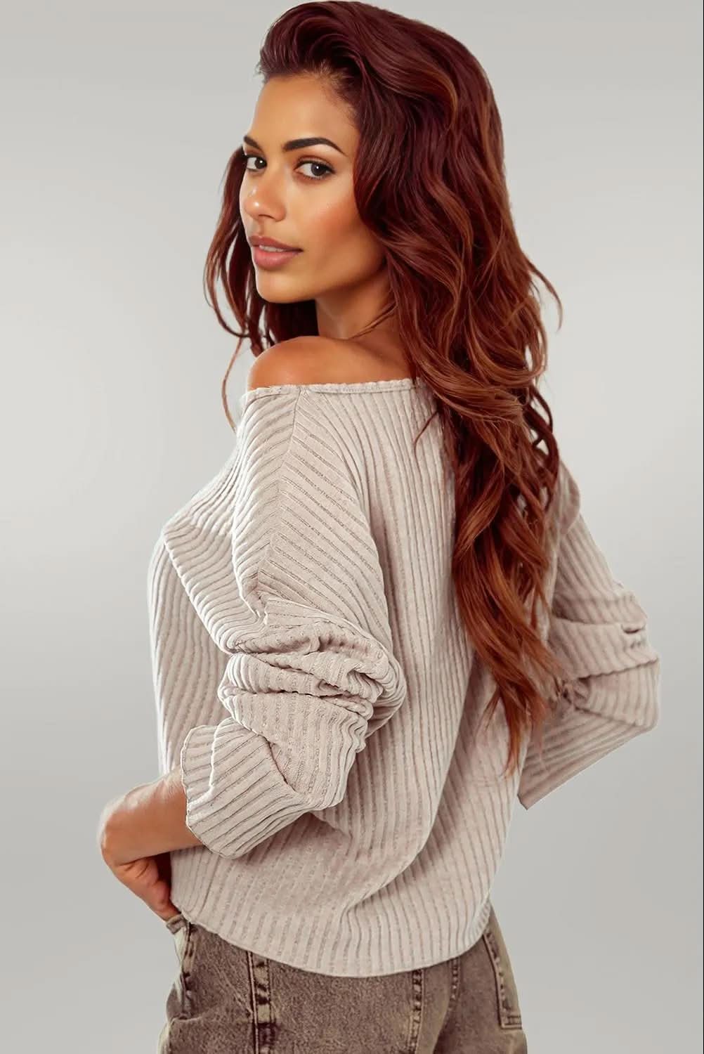 Beige Lettuce Cuffs Drop Shoulder Loose Ribbed Knit Top Beige 95%Polyester+5%Elastane