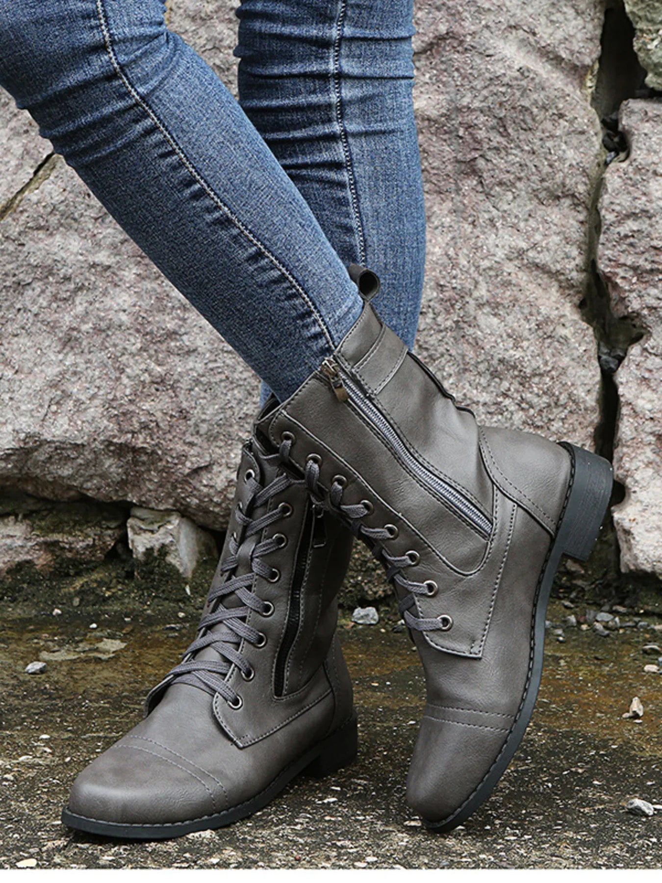 Lace-Up Boots with Side Zipper