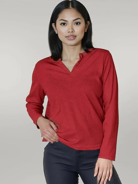 Notched Long Sleeve T-Shirt Burgundy