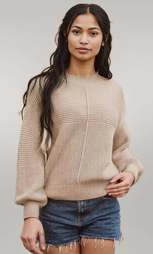 Texture Knitted Dropped Shoulder Sweater Khaki