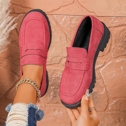 Round Toe Block Heels Loafers Red