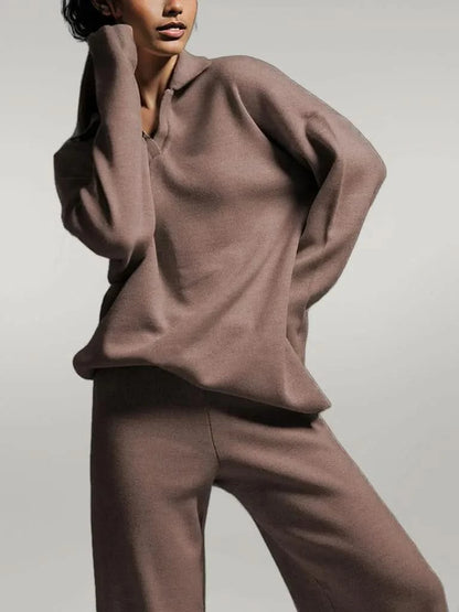 Johnny Collar Long Sleeve Top and Pants Sweater Set Taupe One Size