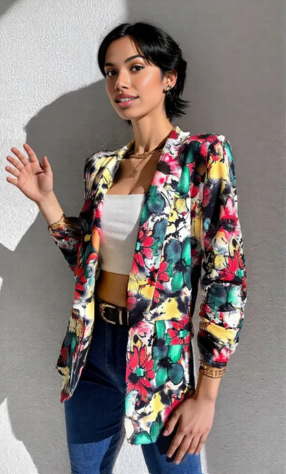 Vibrant Floral Print Open Front Blazer