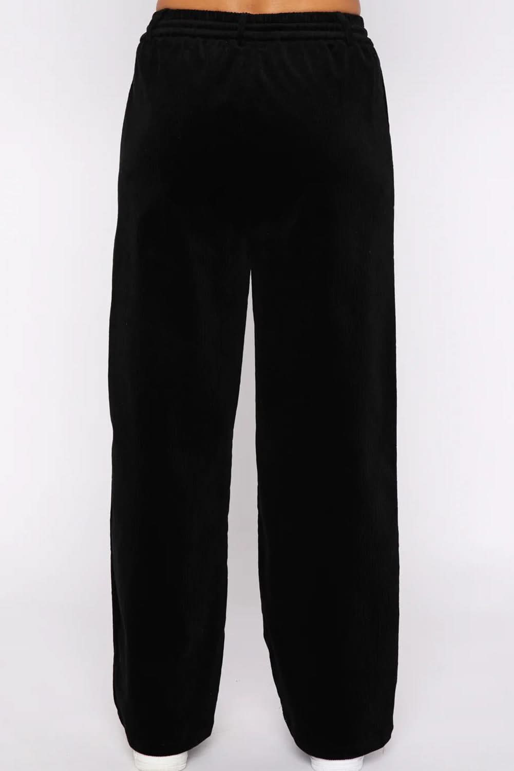 Black Solid Drawstring Waist Wide Leg Pants Black 95%Polyester+5%Elastane