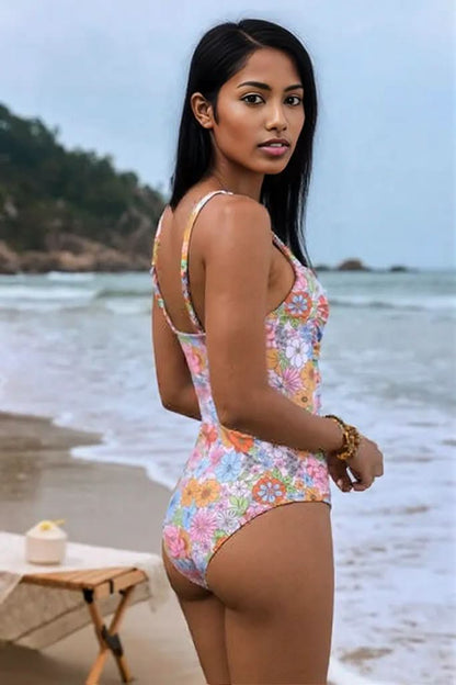 Printed Square Neck Wide Strap One-Piece Swimwear