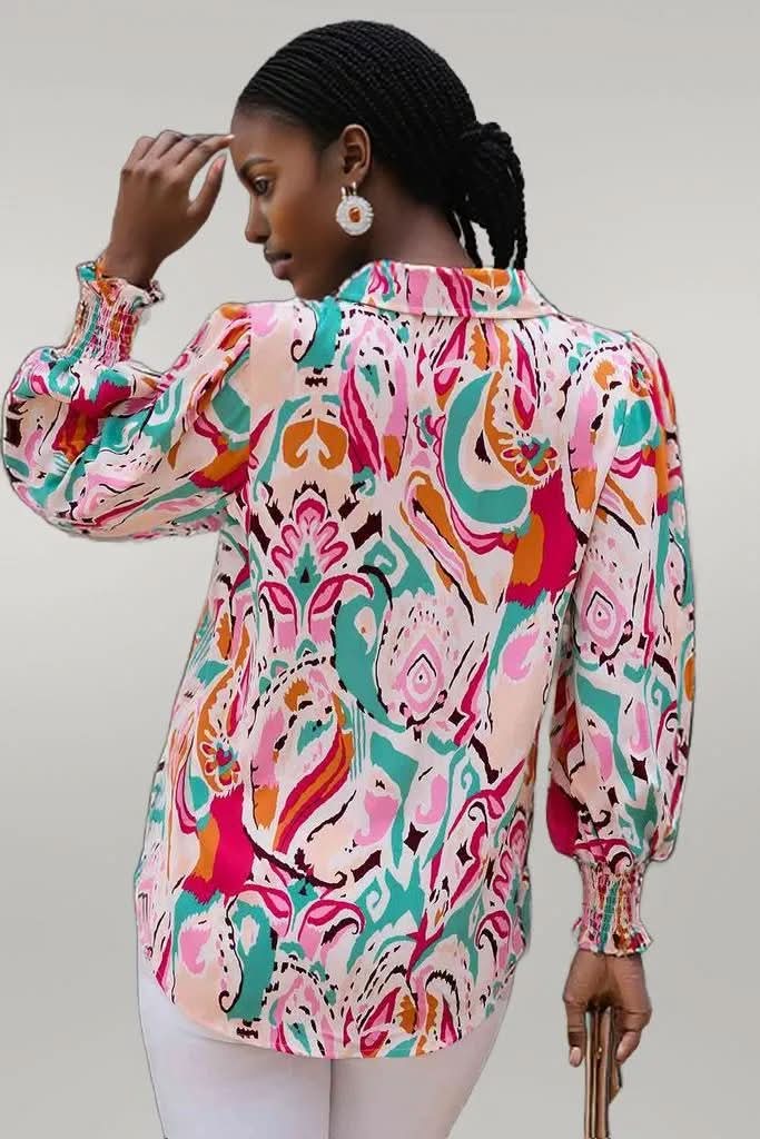 Printed Puff Sleeve Collared Blouse