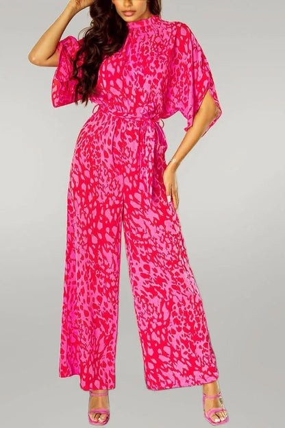 Rose Leopard Loose Sleeve Belted Wide Leg Jumpsuit