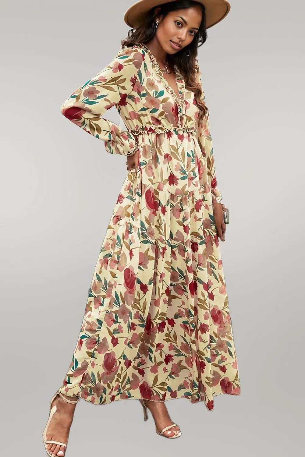 Floral Frill Trim Flounce Sleeve Plunge Maxi Dress Sand