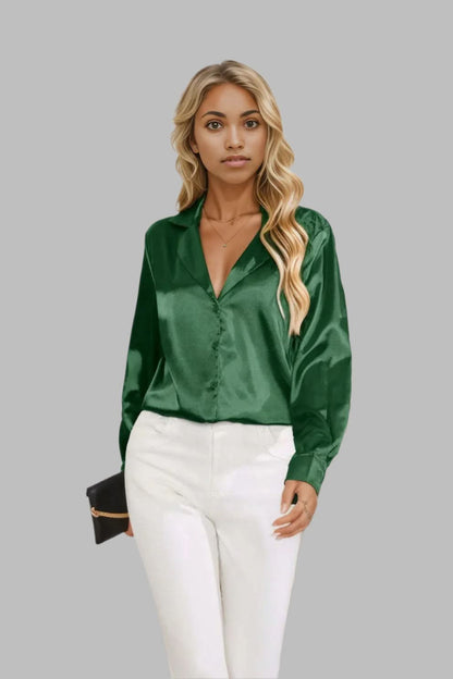 Lapel Collar Button Up Long Sleeve Shirt Dark Green