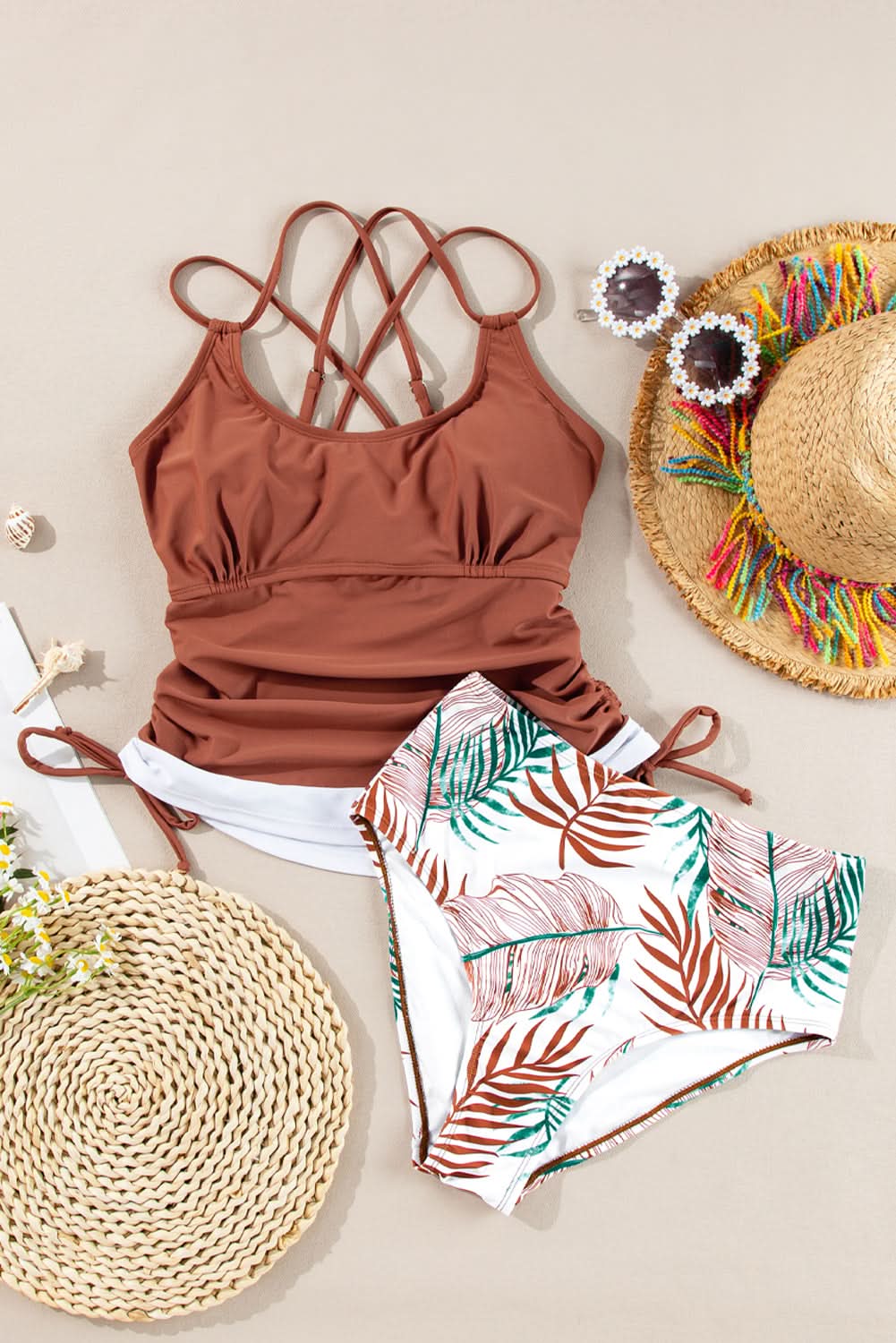 Mineral Red Drawstring Tummy Control Mix-and-match 2pcs Tankini Swimsuit Mineral Red 82%Polyamide+18%Elastane