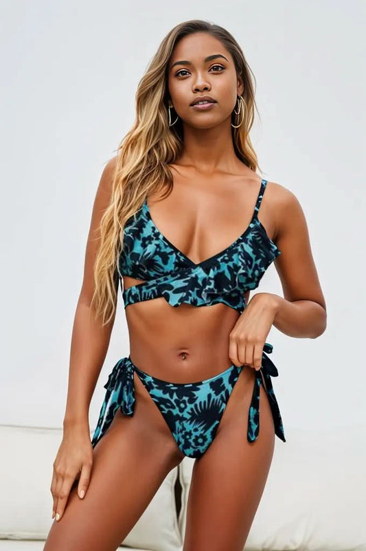 Printed Spaghetti Strap Two-Piece Bikini Set Light Blue