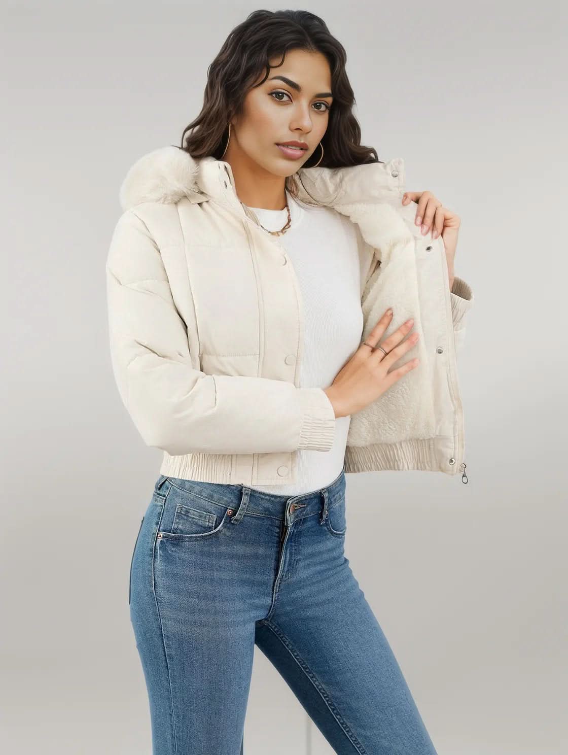 Pocketed Long Sleeve Cropped Hooded Winter Coat