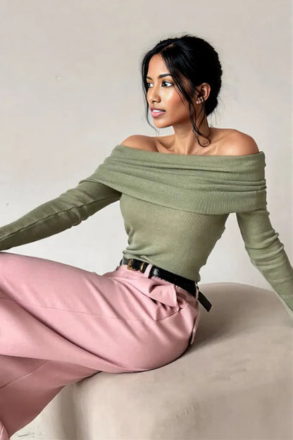 Off-Shoulder Long Sleeve Knit Top Sage